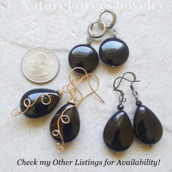 Sleek Black Agate Coin Posts Earrings ~ Protection Grounding Balance - Picture 8 of 8